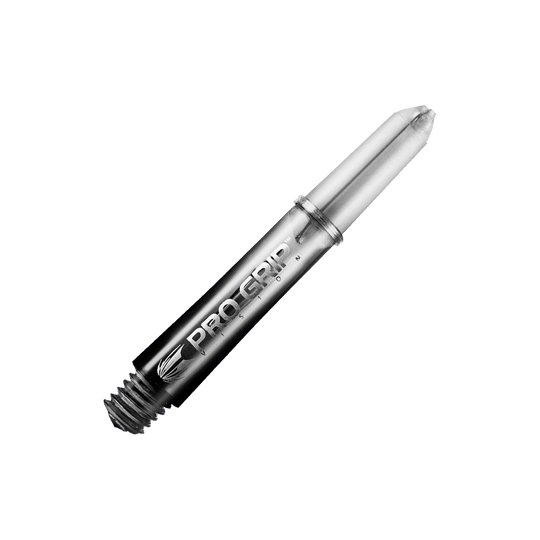 Násadky Target Pro Grip Vision - 3 sady - černé Das Bild zeigt einen schwarzen Pro Grip Vision Shafts von Target mit einer Länge von 34 mm. Der Schaft hat ein glänzendes Finish und ist mit einem Schraubgewinde ausgestattet.