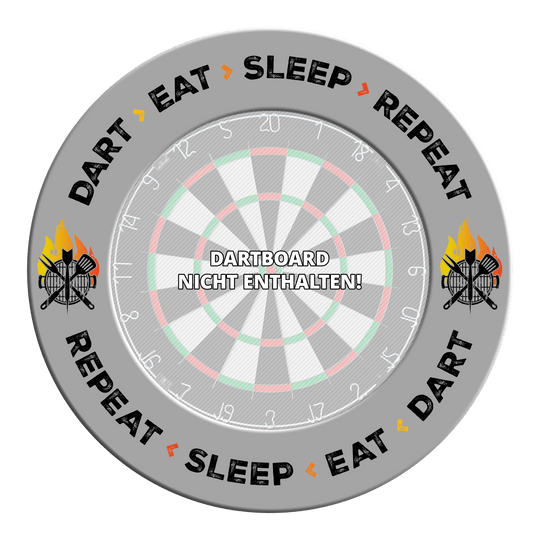 Obklopující terč McDart - Dart Eat Sleep Repeat Grau gefärbtes Dartboard-Surround mit dem Text 'Dart Eat Sleep Repeat'. Das Bild präsentiert eine Detailansicht des Produkts.