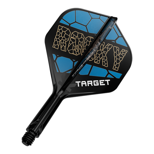 Systém standardní letové hřídele Target K-Flex Josh Rock No2 Auf dem Bild ist ein Dart-Flight-System mit der Aufschrift „ROCKY“ in gelber Schrift zu sehen. Das Design ist schwarz und blau und darunter steht das Wort „TARGET“.