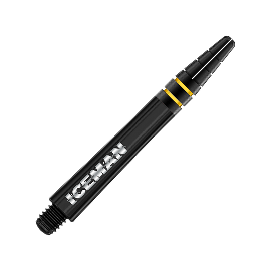 Das Bild zeigt einen schwarzen Dart Shaft mit der Aufschrift "ICEMAN" und goldenen Akzenten. Es handelt sich um das Produkt "Red Dragon Nitrotech Gerwyn Price Shafts Schwarz - 39mm".