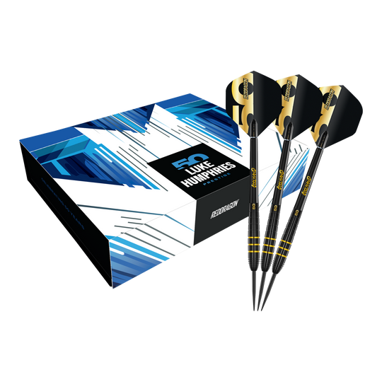 Das Bild zeigt den Red Dragon Luke Humphries 50 Years Player Limited Edition Steeldarts - 22g. Diese Edition ist für Dart-Enthusiasten und Sammler konzipiert.