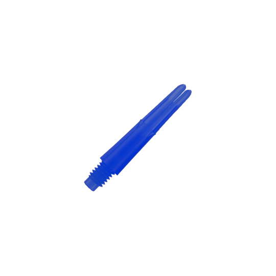 L-tvarované L-hřídele, rovné, zajištěné - modré Auf dem Bild ist ein gerader, blauer Dart-Schaft ohne Kappen zu sehen. Er hat ein Gewinde am unteren Ende und ist 26 mm lang.