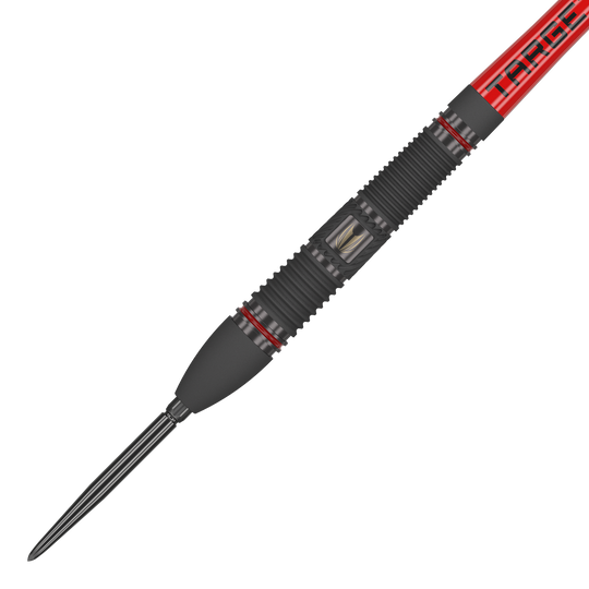 Ocelové šipky Target Scope 02 Swiss Point Das Bild zeigt einen Target Scope 02 Swiss Point Steeldart mit einem schwarzen und roten Design. Der Dartpfeil hat eine gerillte Griffzone und eine scharfe Metallspitze.
