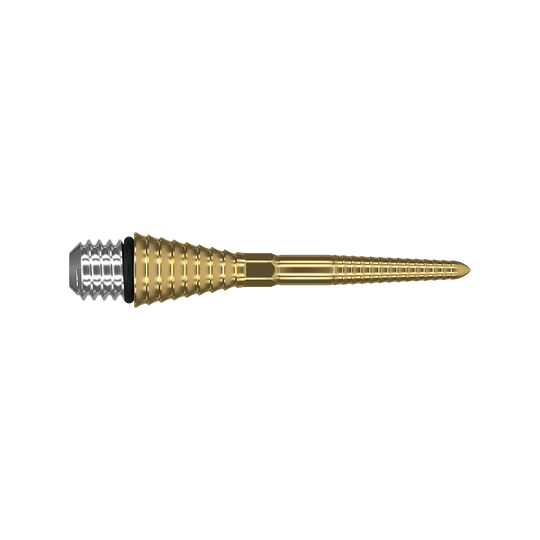 380178_Target_Titanium_Swiss_Point_Grooved_Conversion_Points_Gold_26mm_2 Das Bild zeigt einen Target Swiss Point Grooved Conversion Point in Gold. Die Spitze ist aus Metall und hat ein geriffeltes Design mit einer goldenen Farbe.