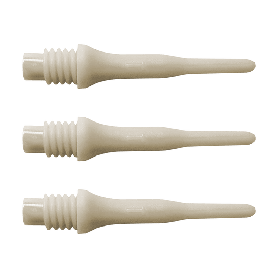 Das Bild zeigt drei helle Kunststoffspitzen mit Gewinde. Es handelt sich um Bulls Tefo X Spitzen, die als Ersatzteile für Softdarts verwendet werden.