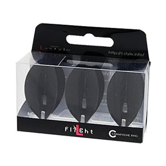Letky L-Style Champagne L2PRO Teardrop - černé Das Bild zeigt eine Packung mit L-Style Champagne L2PRO Teardrop Flights in Schwarz. Die Verpackung enthält drei schwarze Dartflights, die sichtbar durch das Klarsichtfenster sind.