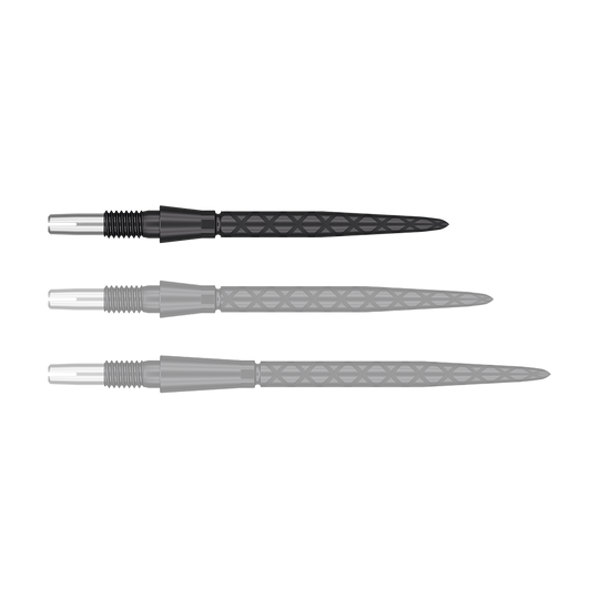 Špičky na šipky Target Swiss Storm Diamond Point - černé Auf dem Bild sind drei schwarze Dartspitzen mit silbernen Enden zu sehen. Sie sind länglich und haben ein diamantförmiges Muster auf der Oberfläche.