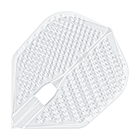 Letky ve stylu L Dimple Champagne Tvar L3PRO Das Bild zeigt ein durchsichtiges Dartflight mit einer dimpled (genoppten) Oberfläche. Es handelt sich um das Produkt "L-Style Flights Dimple Champagne L3PRO Shape".