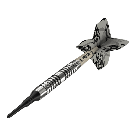 Měkké šipky Target EXO 10 Das Bild zeigt einen Target EXO 10 Softdart. Der Dartpfeil hat ein silbernes, gerieftes Barrel und schwarz-graue Flights mit Muster.