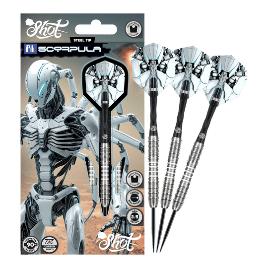 Střelecké AI Scorpula Steeldarts Zu sehen sind die Shot AI Scorpula Steeldarts in ihrer gesamten Länge. Das Produkt ist hochwertig verarbeitet.