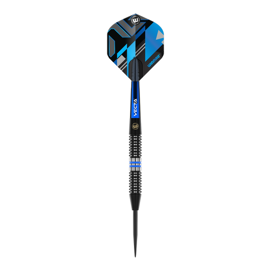 Ocelové šipky Winmau Galactics Das Bild zeigt einen Winmau Galactics Steeldart mit einem modernen, blauen und schwarzen Design. Der Dart hat eine strukturierte Griffzone und eine spitze Stahlspitze.
