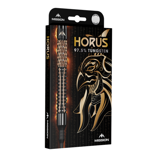 Šipky Mission Horus Softdarts - 19g Die Abbildung zeigt die Verpackung der "Mission Horus Softdarts - 19g". Auf der Vorderseite sind der Dartpfeil, der Produktname und ein goldener Horus-Kopf abgebildet.