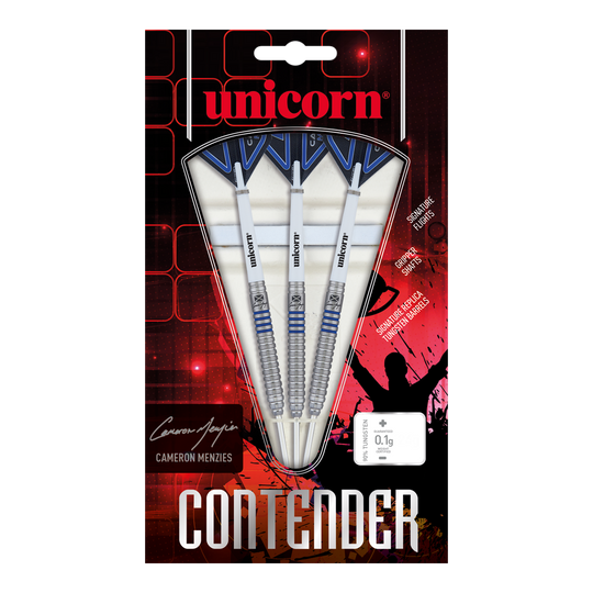 Ocelové šipky Unicorn Contender Cameron Menzies - 23g Das Bild zeigt eine Packung Unicorn Contender Camerion Menzies Steeldarts mit einem Gewicht von 23g. In der Verpackung befinden sich drei silberne Darts mit blauen Akzenten.