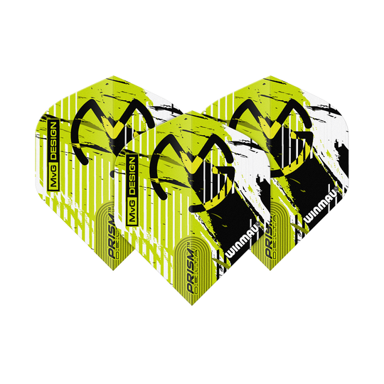 Das Bild zeigt drei Dartflights des Modells "Winmau Delta Michael Van Gerwen Prism 03 Standard". Die Flights sind gelb-schwarz-weiß gestaltet und tragen das MVG-Logo sowie die Aufschrift "PRISM DELTA" und "WINMAU".