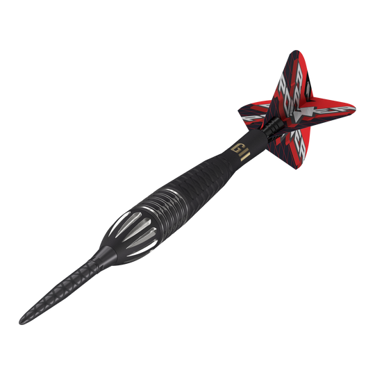 Das Bild zeigt einen Target Phil Taylor RAW Power 9Five GEN11 Swiss Point Steeldart. Der Dartpfeil hat ein schwarzes und silbernes Design mit roten Flights und der Aufschrift "POWER".
