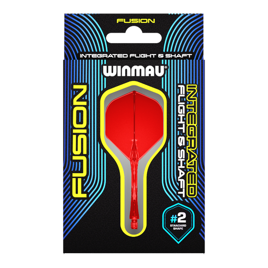 Das Bild zeigt eine Verpackung für das Winmau Fusion Integrated Flight & Shaft System in Rot. Im Mittelpunkt ist ein integrierter Dart-Flügel mit Schaft der Größe #2 im Standard-Shape zu sehen.