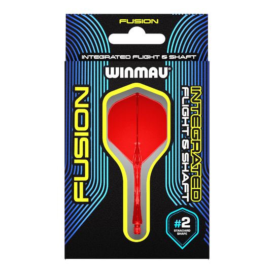Systém letky Winmau Fusion Standard Red Das Bild zeigt eine Verpackung für das Winmau Fusion Integrated Flight & Shaft System in Rot. Im Mittelpunkt ist ein integrierter Dart-Flügel mit Schaft der Größe #2 im Standard-Shape zu sehen.