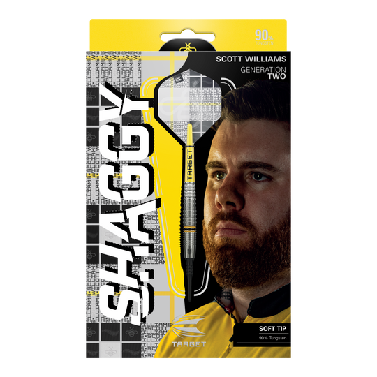 Das Bild zeigt die Verpackung der "Target Scott Williams GEN2 Softdarts - 18g". Auf der Vorderseite sind ein Dartpfeil, das Gesicht von Scott Williams und der Schriftzug "SHAGGY" prominent zu sehen.