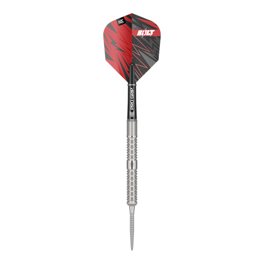 Dies ist ein Steeldart namens „Target Sebastian Bialecki GEN1 Swiss Point“ mit einem Gewicht von 22 Gramm. Der Dart hat eine silberne Spitze und Schaft, sowie ein rotes und schwarzes Flight-Design.