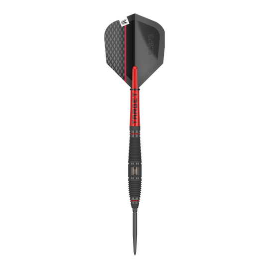 Ocelové šipky Target Scope 03 Swiss Point Das Bild zeigt einen Target Scope 03 Swiss Point Steeldart. Der Dart hat ein modernes Design mit schwarzen und roten Elementen sowie einer strukturierten Griffzone.