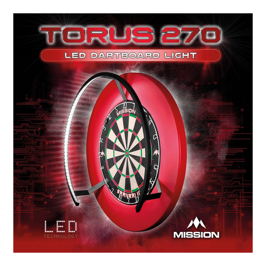 Das Bild zeigt das Produkt "Mission Torus 270 LED Dartboard Beleuchtung". Es handelt sich um eine LED-Beleuchtung, die speziell für Dartboards entwickelt wurde.