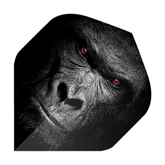 Lety v pětiboji Gorilla Das Bild zeigt ein Dart-Flight mit dem Gesicht eines Gorillas. Die Augen des Gorillas leuchten rot und der Hintergrund ist dunkel gehalten.