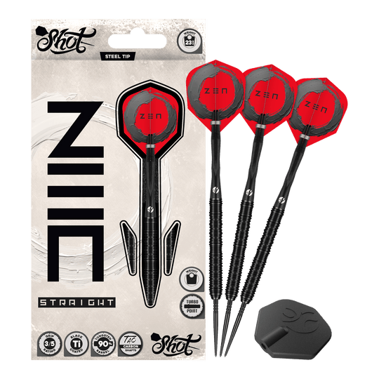 Šipky Shot ZEN Straight Turbo Point ocelové - 23g Das Bild zeigt Shot ZEN Straight Turbo Point Steeldarts - 23g in voller Länge. Die Steeldarts werden vollständig dargestellt.