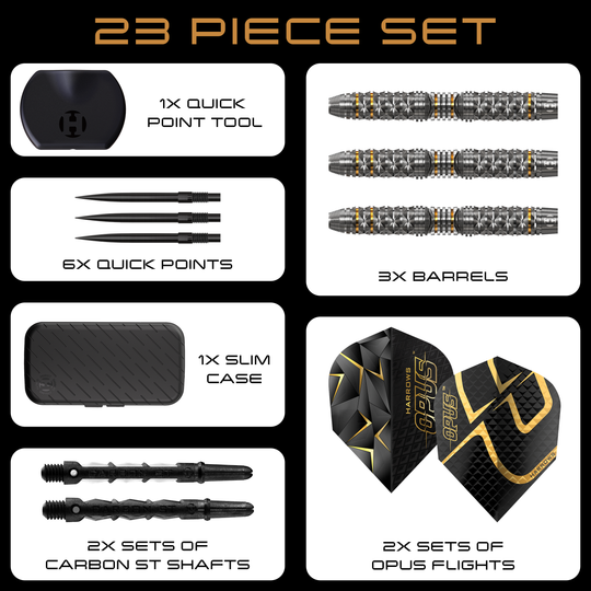 Ocelové šipky Harrow's Opus Quick Point Auf dem Bild sind die Harrows Opus Quick Point Steeldarts mit 23g zu sehen. Diese Darts eignen sich für das Steeldartspiel.
