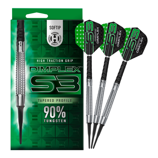 Šipky Harrows Dimplex S3 Tapered Soft Das Bild zeigt eine Packung und drei Softdarts der Marke "Harrows Dimplex S3 Tapered". Die Darts bestehen zu 90 % aus Tungsten und haben eine hohe Grifftraktion.