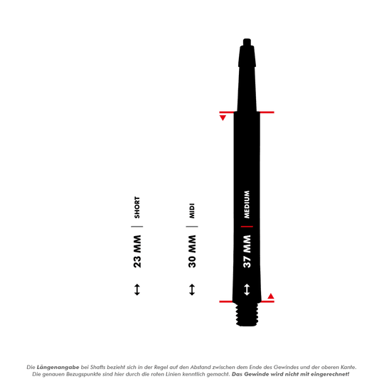 Das Bild zeigt die Harrows Clic Standard Shafts in Schwarz in drei verschiedenen Längen. Die Längen sind 23 mm (Short), 30 mm (Midi) und 37 mm (Medium).