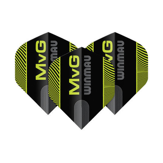 Letky Winmau Prism Delta MvG Black Green Text No2 Standard Das Bild zeigt die Winmau Prism Delta MvG Black Green Text No2 Standard Flights. Es handelt sich um Dart-Flights in Schwarz und Grün mit Text-Design.