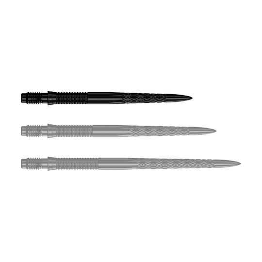 Špičky na šipky Mission R2.5 Rapid Point DSX - černé Das Bild zeigt eine Reihe von schwarzen Dartspitzen mit der Bezeichnung 30mm. Die Spitze ist für den Einsatz in Darts geeignet.