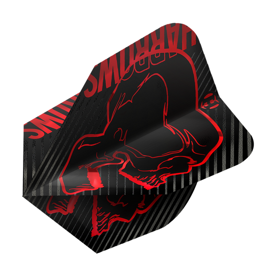 Letenky Harrows Rage Red No6 Das Bild zeigt das Produkt "Harrows Rage Red No6 Flights". Die Flights sind schwarz mit roten Grafiken und Streifen verziert.