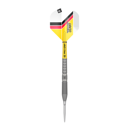 Ocelové šipky Target Gabriel Clemens GEN2 Swiss Point Das Bild zeigt einen Target Gabriel Clemens GEN2 Swiss Point Steeldart. Der Dart hat eine silberne Spitze und Schaft sowie gelbe, schwarze und rote Akzente auf dem Flight.
