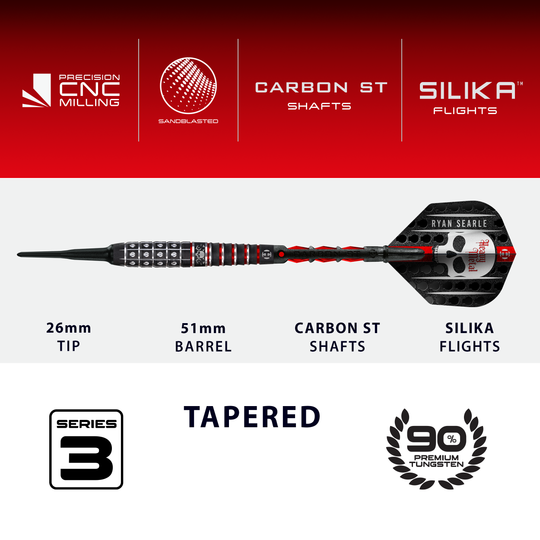 Das Bild zeigt die Harrows Ryan Searle Series 3 Softdarts. Diese Dartpfeile sind für den Softdartbereich konzipiert.