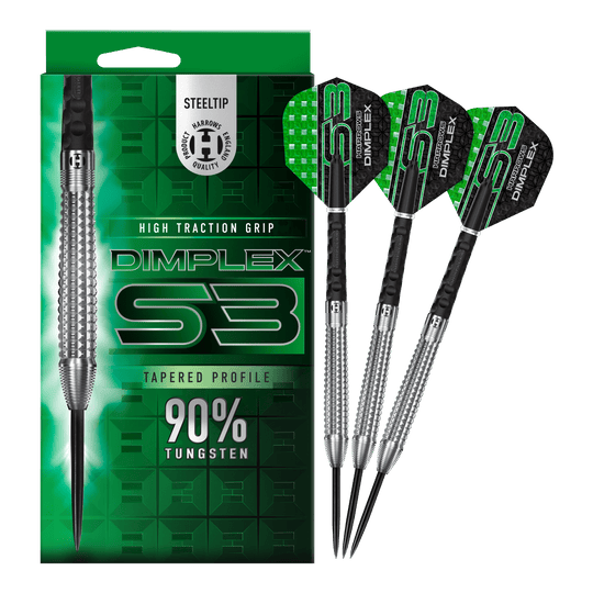 Šipky Harrows Dimplex S3 Tapered Steel Das Bild zeigt die Harrows Dimplex S3 Tapered Steeldarts mit einer auffälligen grünen Verpackung. Drei Steeldarts aus 90% Wolfram sind neben der Verpackung abgebildet.
