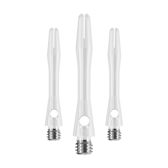 HR372_Harrows_Keramic_Shafts_Weiss_35mm_1 Das Bild zeigt drei weiße Harrows Keramic Shafts für Darts. Sie haben einen glänzenden Metallgewinde am unteren Ende.