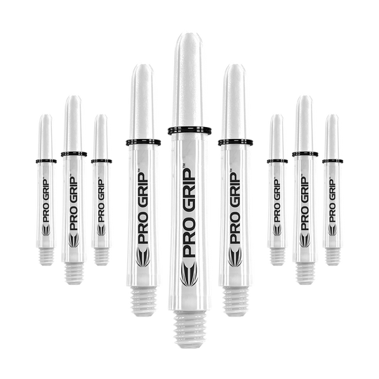 Target Pro Grip Shafts – 3 sady – White Auf dem Bild sind neun weiße Dart-Schäfte mit der Aufschrift "Pro Grip" abgebildet. Sie sind gleichmäßig angeordnet und wirken hochwertig verarbeitet.
