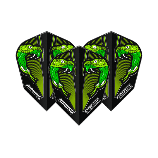 Red Dragon Airwing Peter Wright Green V-Standard lety Das Bild zeigt drei Dartflights mit einem auffälligen grünen Schlangenkopf-Design. Auf den Flights steht "AIRWING" und "SNAKEBITE".