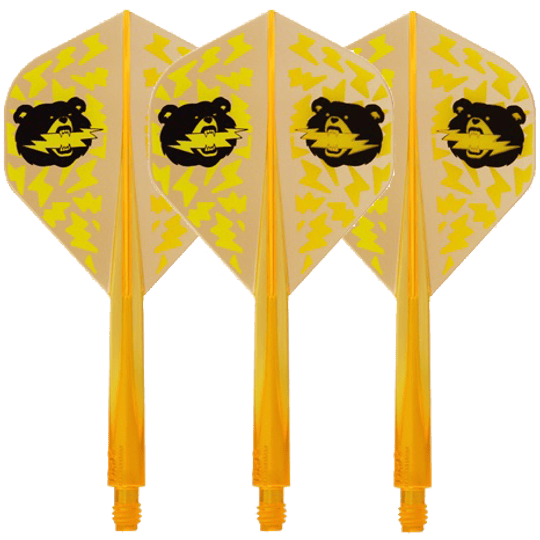 Letka Condor Ax Black Bear Miyu Miyawaki, neonově oranžová - standardní Das Bild zeigt vier neonorange Dartflights mit gelbem Blitzmuster und einem schwarzen Bärenkopf darauf. Die Flights sind in Standard-Form gestaltet und tragen den Namen "Condor Axe Black Bear Miyu Miyawaki".