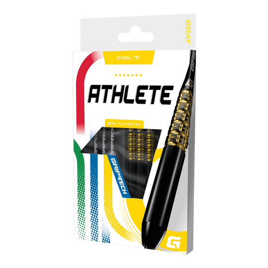 Šipky GOAT Athlete žluté wolframové oceli Das Foto zeigt einen gelben Tungsten-Steeldart. Das Produkt wird als 'GD7000770 GOAT Athlete Yellow Tungsten Steeldarts 3' bezeichnet.