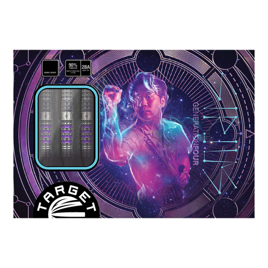 Měkké šipky Target Japan Prime Series Sirius GEN4 - 21,5 g Das Bild zeigt die Verpackung der "Target Japan Prime Series Sirius GEN4 Softdarts - 21,5g". Auf der Verpackung ist ein futuristisches Design mit einem Spieler und drei sichtbaren Dartpfeilen abgebildet.