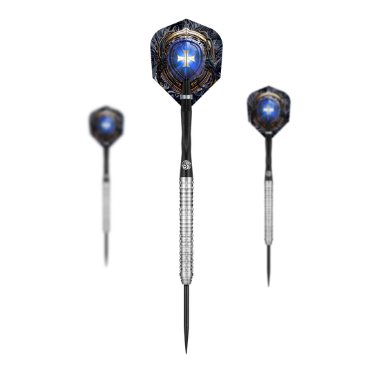 Das Bild zeigt drei Steeldarts des Produkts "Shot Future Knights Ironsoul". Die Darts haben silberne Spitzen und auffällige Flights mit einem blauen, leuchtenden Design.
