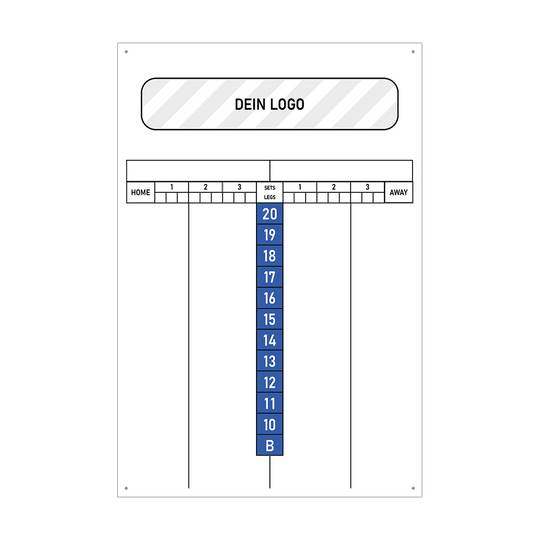 INSCORE2_Scoreboard_mit_Wunschdruck_40x60cm_Blau_2 Das Bild zeigt ein Dart Scoreboard mit blauen Zahlen von 20 bis 10 und einem Feld mit "B". Oben ist Platz für ein individuelles Logo, daneben befinden sich Felder zur Punktevergabe für Heim- und Auswärtsteams.