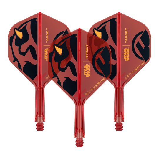 Target Star Wars K-Flex Darth Maul No2 Standard Flights Dieses Produkt heißt 410523_Target_StarWars_KFlex_DarthMaul_No2_Standard_Flights_Short_19mm_1Set. Es scheint sich um ein Set von Dart-Flights mit Darth Maul Optik zu handeln.