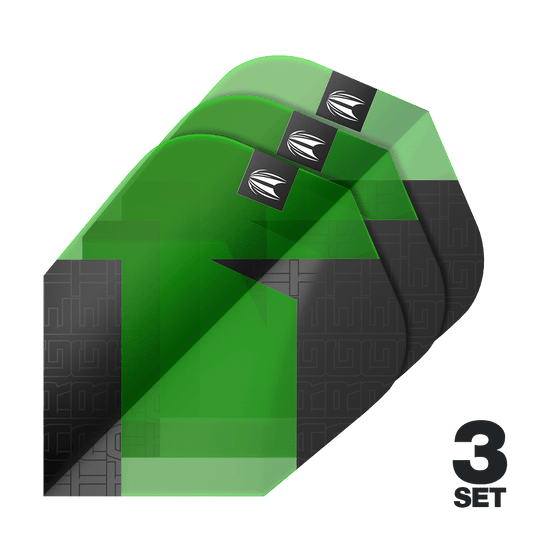 Target Pro Ultra TAG Green Ten-X Standardní letky - 3 sady Auf dem Bild sind drei grüne und schwarze Dart-Flights mit einem modernen Muster zu sehen. Unten rechts steht "3 SET", was auf drei Sets hinweist.