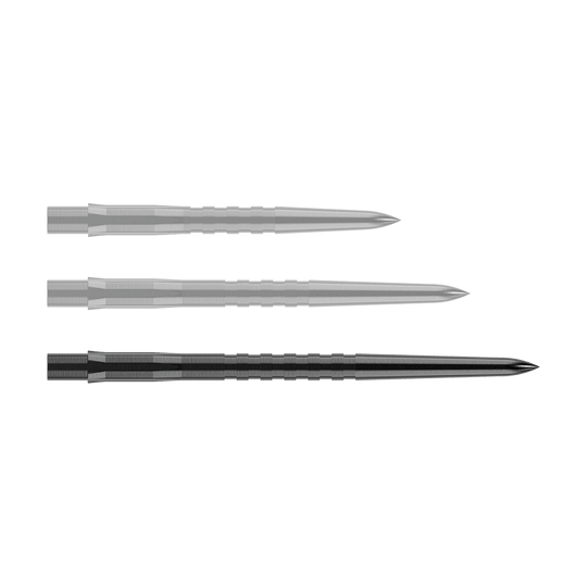 Špičky na šipky Mission Caliburn EVO - drážkované - černé Auf dem Bild sind drei schwarze, gerillte Stahlspitzen für Steeldarts zu sehen. Sie liegen parallel nebeneinander auf einem neutralen Hintergrund.