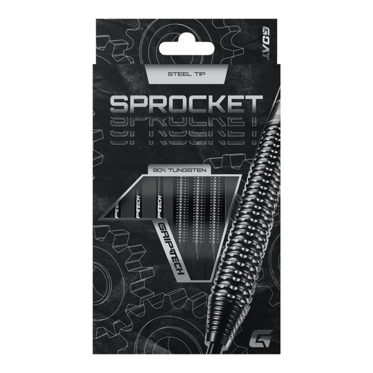 Šipky GOAT Sprocket z wolframové oceli Die Abbildung zeigt die Verpackung der GOAT Sprocket Tungsten Steeldarts. Auf der Packung sind die Eigenschaften wie "Steel Tip" und "90% Tungsten" deutlich hervorgehoben.