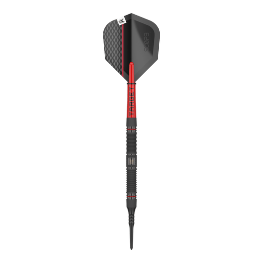 Target Scope 10 měkkých šipek Das Bild zeigt einen Target Scope 10 Softdart. Der Dartpfeil hat ein schwarzes und rotes Design mit einer strukturierten Spitze und einer schwarzen Flight.