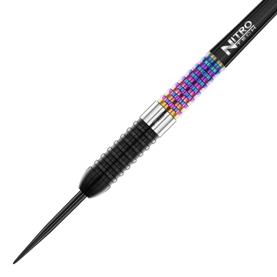 Das Bild zeigt einen Red Dragon Peter Wright Corra Steeldart. Der Dartpfeil hat einen auffälligen, bunten Griffbereich und eine schwarze Spitze.